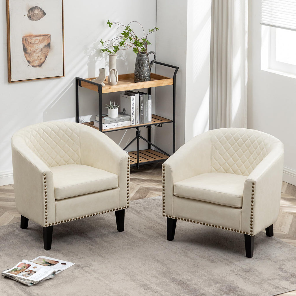 KINWELL 29" W Faux Leather Tufted PU Barrel Club Chairs Set of 2, Black