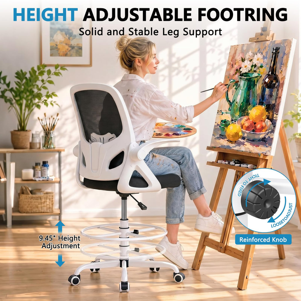 Kensaker Drafting Chair Tall Office Chair, Ergonomic Standing Desk Chair with Adjustable Foot Ring and Flip-up Armrests, Mesh Computer Chair for Art Studio, 300 LBS, Black