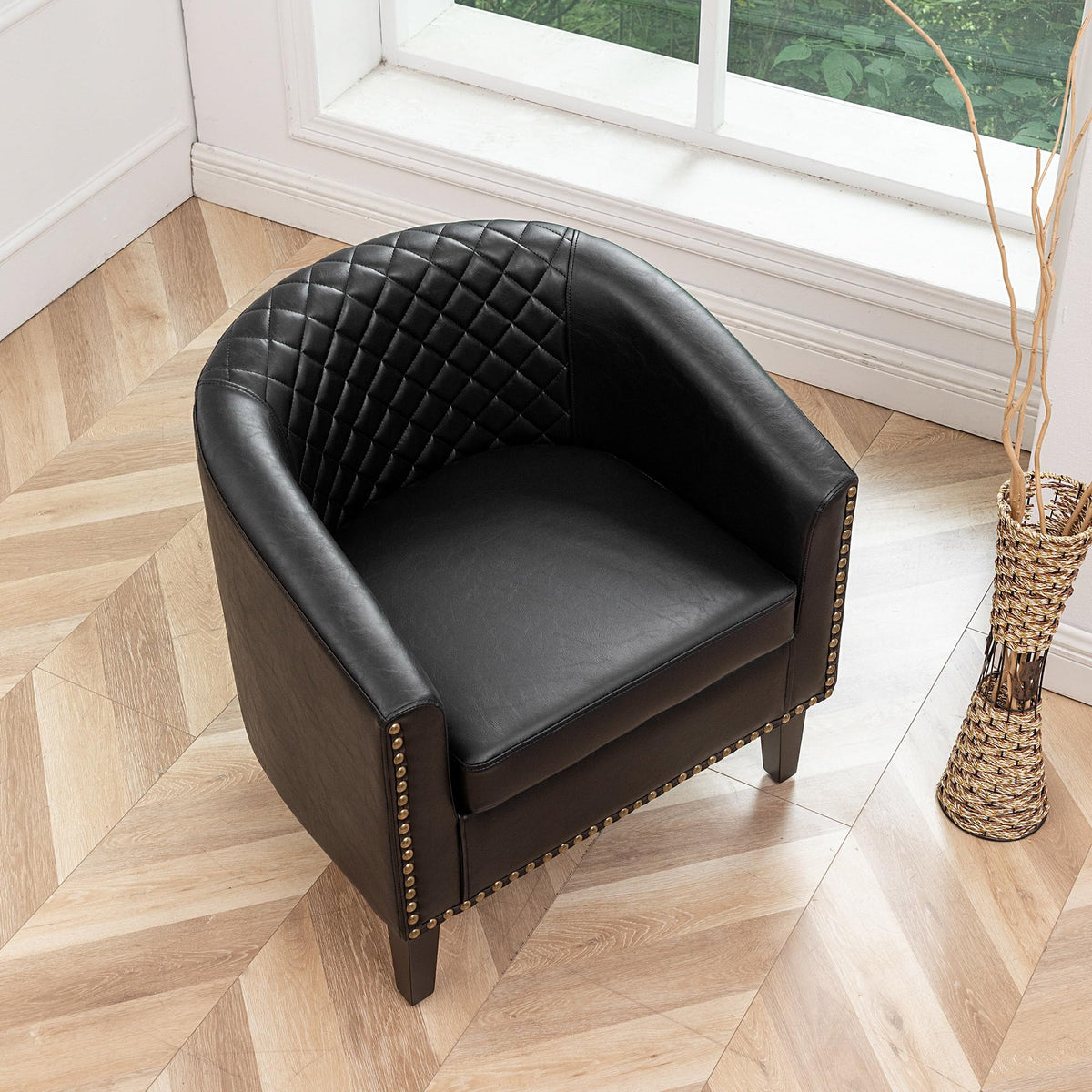 KINWELL 29" W Faux Leather Tufted PU Barrel Club Chairs Set of 2, Black