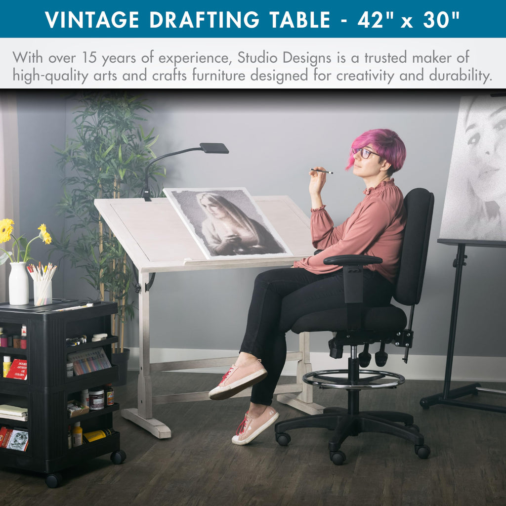 Studio Designs Vintage Drafting Table - Antique Design Solid Wood Drafting Table with Built-In Pencil Groove and Pencil Ledge - Angle Adjustable Work Surface