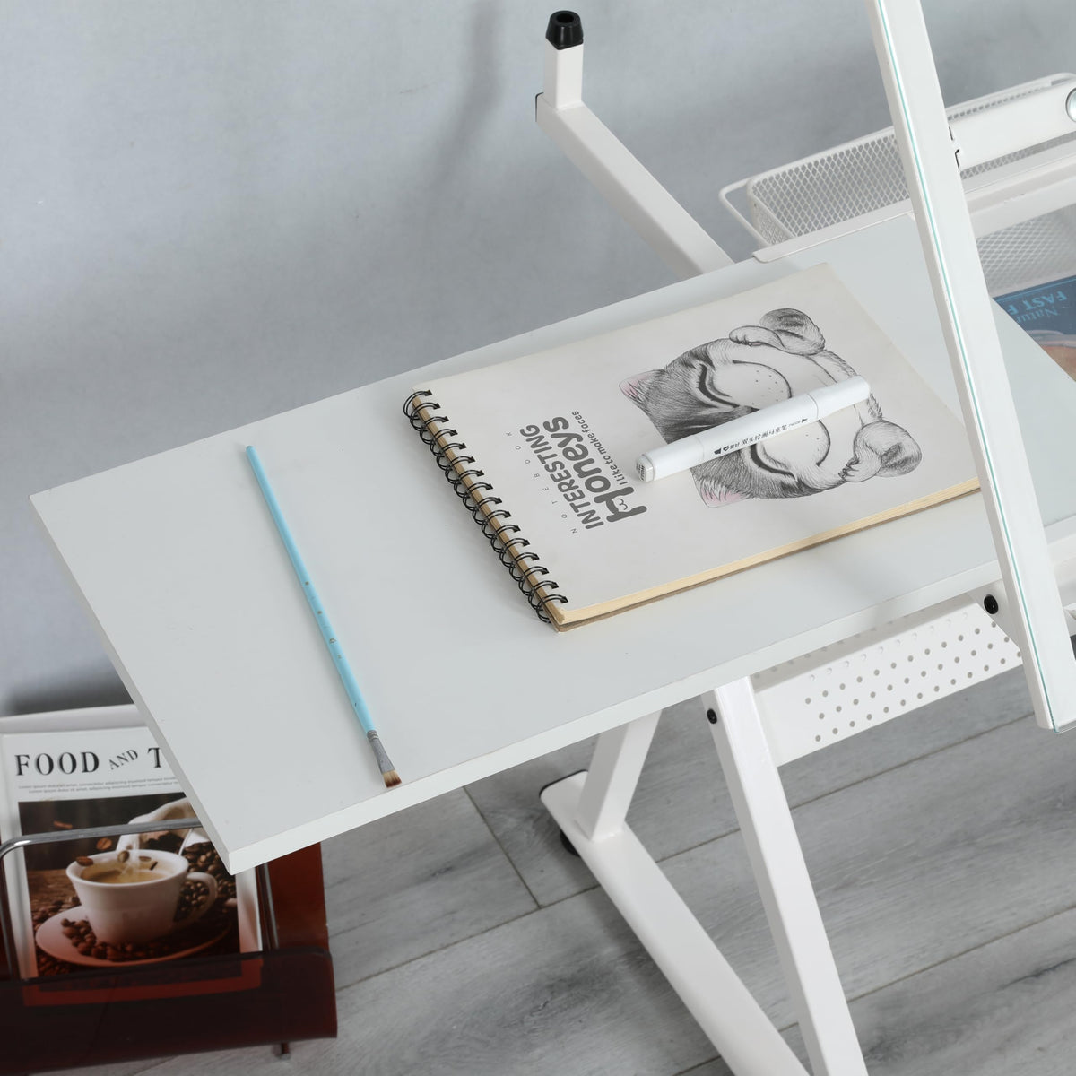 Drafting Table with Storage and Stool, Glass Art Desk for Adults Adjustable Height with 2 Metal Drawers, Craft Drawing Table Artist Desk with Extra Desktop for Reading/Writing/Studying (Black)