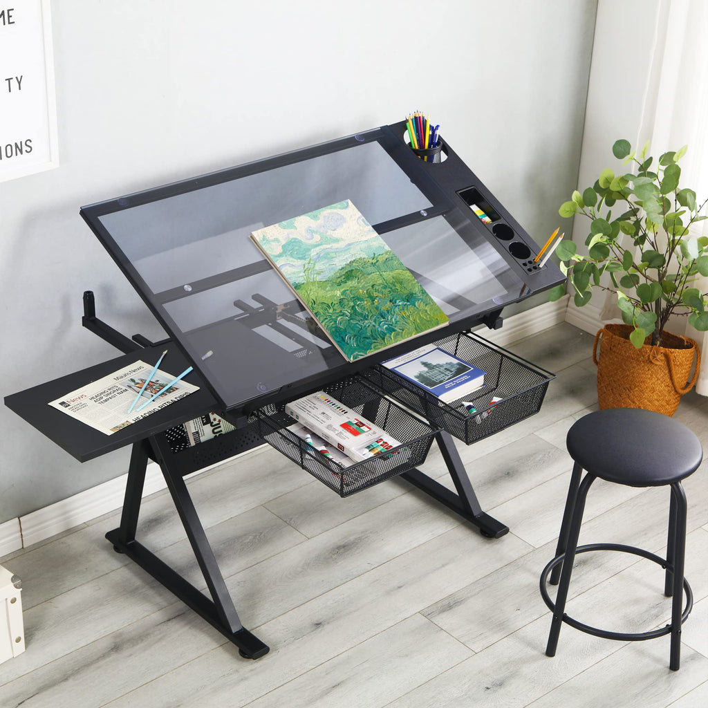 Drafting Table Adjustable for Artists - Art Drawing Desk with Storage for Painting Sketching - Glass Top for Painters Illustrators Cartoonists White