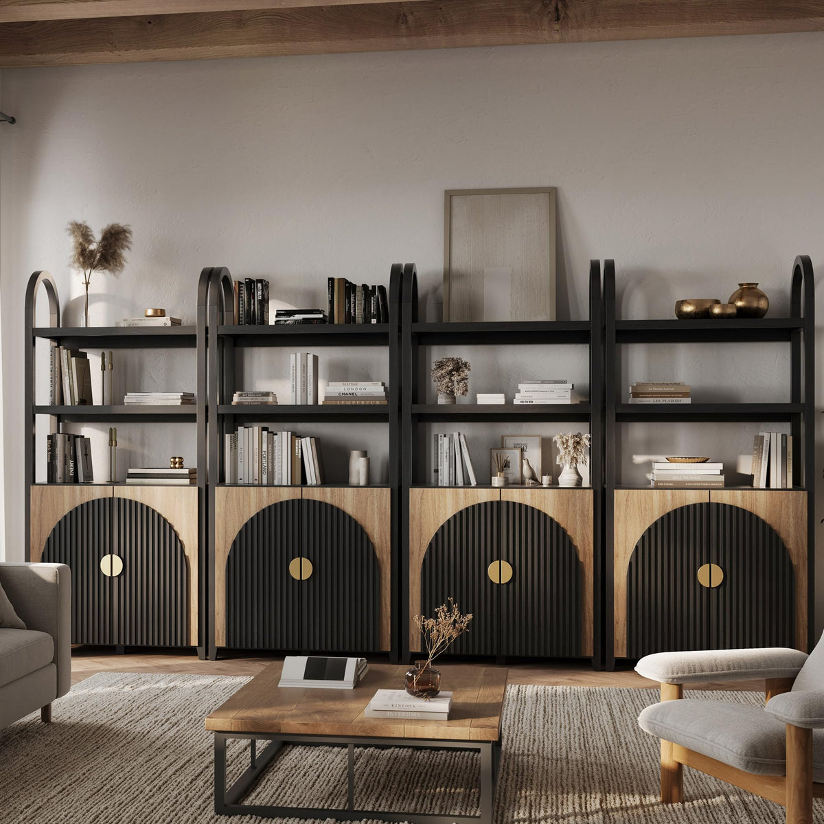 BELLEZE Book Shelf 72" Tall Arched Bookcase with Storage, 5 Tier Mid Century Modern Fluted Bookshelf with Doors, Modular Bookshelves for Living Room Office Library, Set of 2 (Caramel Brown)