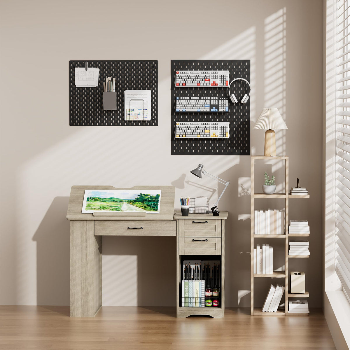 Drafting Table with Storage Cabinet & Drawers, Adjustable Drawing Table with Open Shelves, Craft Art Desk for Artists, Painters, Drawing, Crafting, Reading, Writing, Working