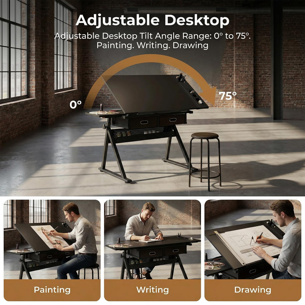Drafting Table with Stool Height Adjustable Art Craft Desk with Storage, Tilting MDF Tabletop, Expansion Board, Drawing Table for Home Office, Artists, Painters (Rustic Brown)