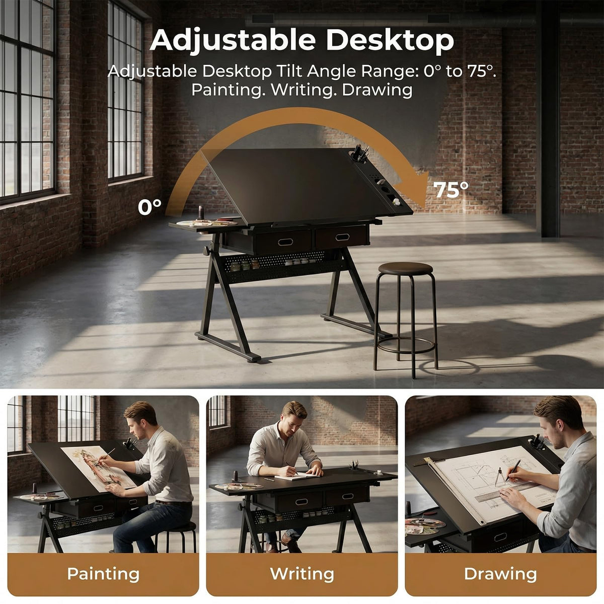 Drafting Table with Stool Height Adjustable Art Craft Desk with Storage, Tilting MDF Tabletop, Expansion Board, Drawing Table for Home Office, Artists, Painters (Rustic Brown)