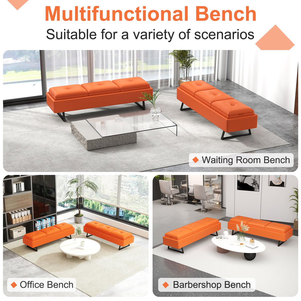 MOTION Leather Bench Waiting Room Chairs - 3 Seat Office Guest Reception Bench with Cushion, Waiting Room Bench Seating, Office Furniture Lobby Chairs for Salon, Shop, Set of 2, Orange