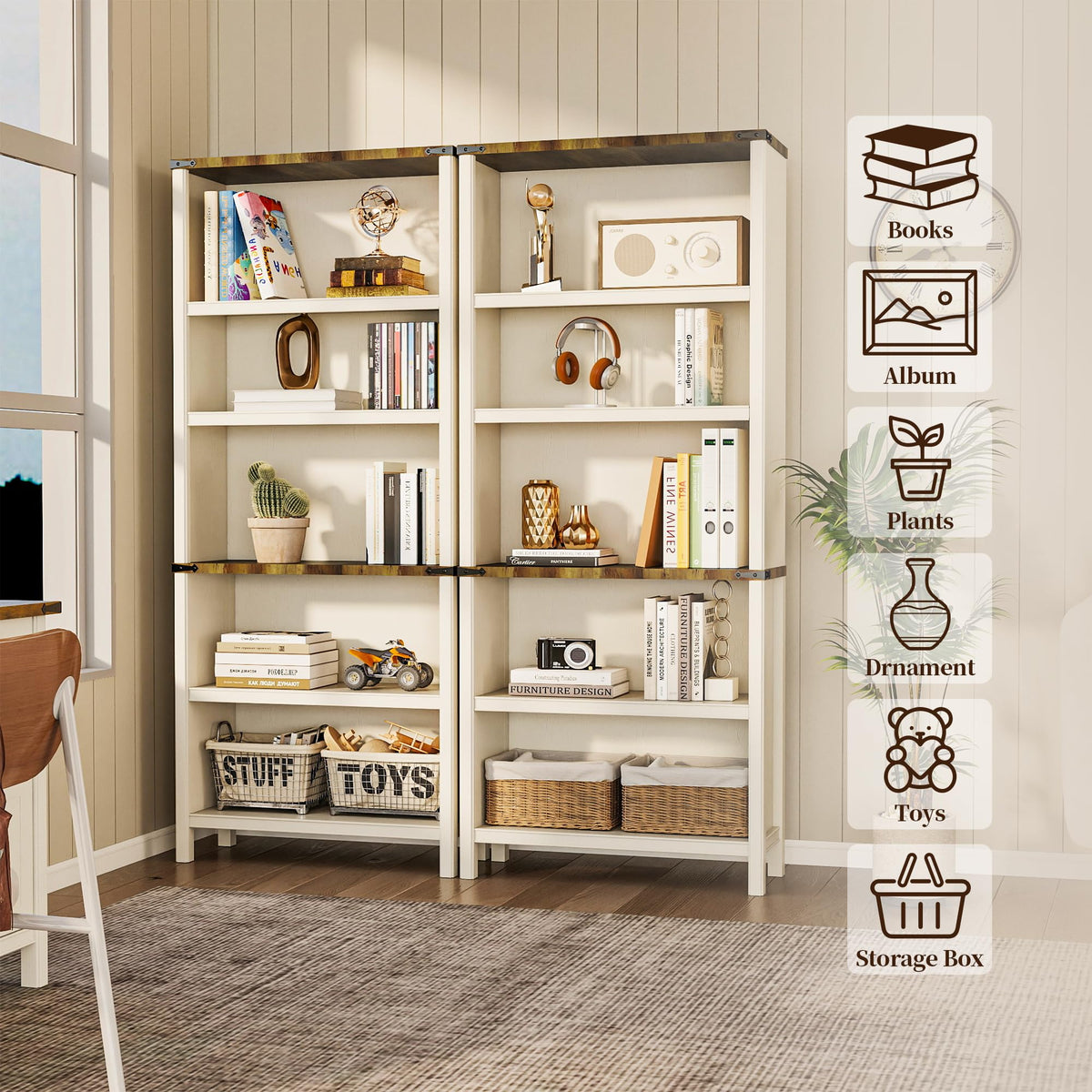 Farmhouse 3-Piece Home Office Set â 46" Wide 2-Drawer Lateral File Cabinet with Power Outlets & USB, Two 71" Tall 5-Tier Bookcases with Adjustable Shelves & Anti-Tip Kit, Black