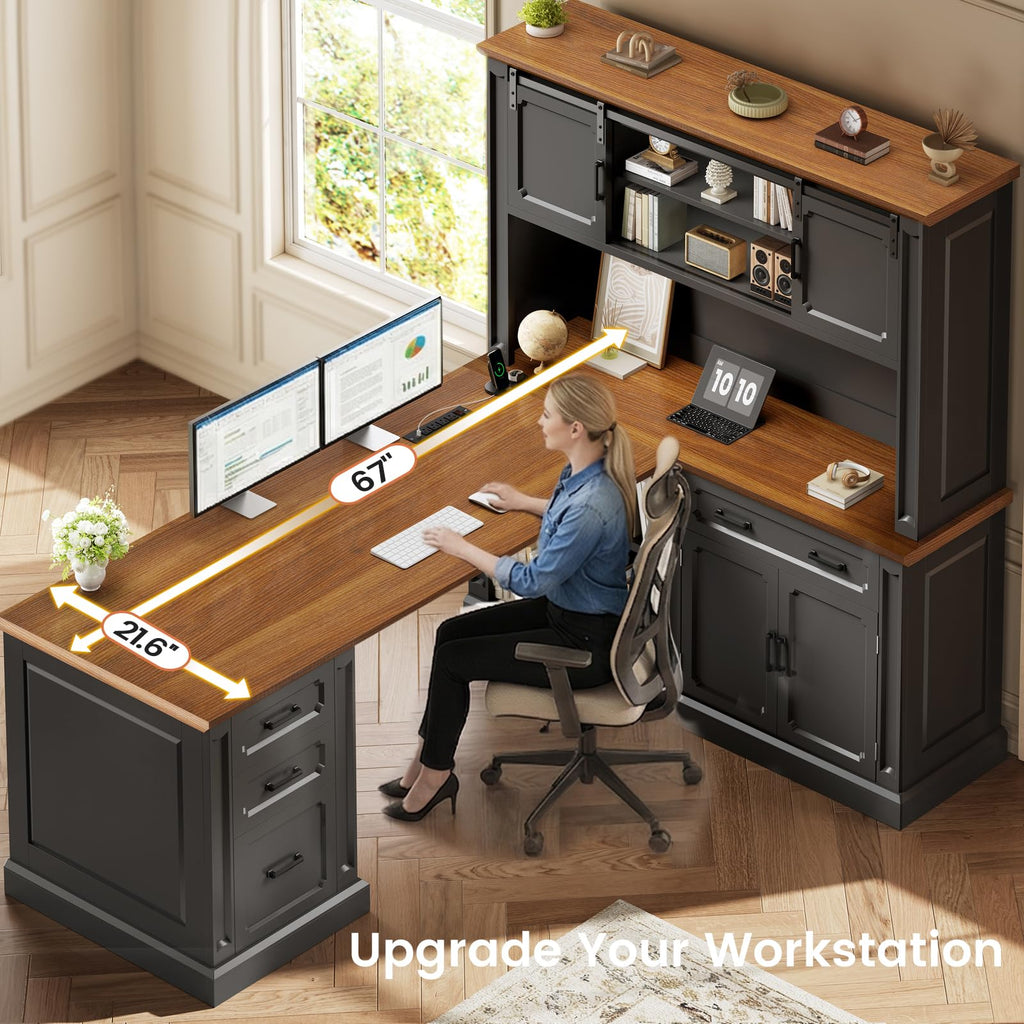 SEDETA Farmhouse 70.9" Executive Desk, Home Office Desk with File Drawers and Storage Cabinet, Computer Desk with Power Outlet for Home Office, Work Study Writing, Black+Brown
