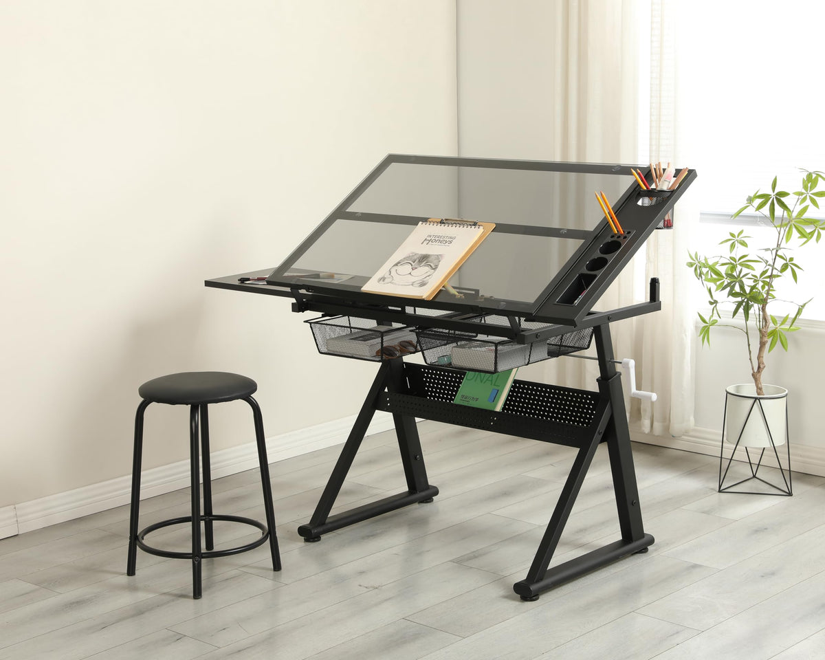 Drafting Table and Stool Set for Adults/Artists, Drawing Table with Adjustable Tabletop and Height, Art Workstation for Painters Crafting Reading Writing Home Office, All White