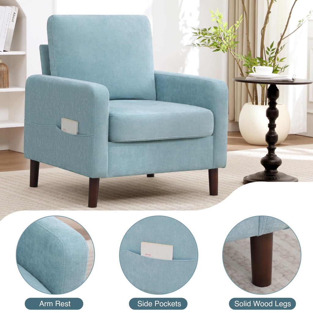 Accent Chair Set of 2, Upholstered Living Room Chairs with Wood Legs and Side Pockets, Modern Reading Chair for Bedroom, Armchair Single Sofa Side Chair for Office, Small Room, Dark Grey