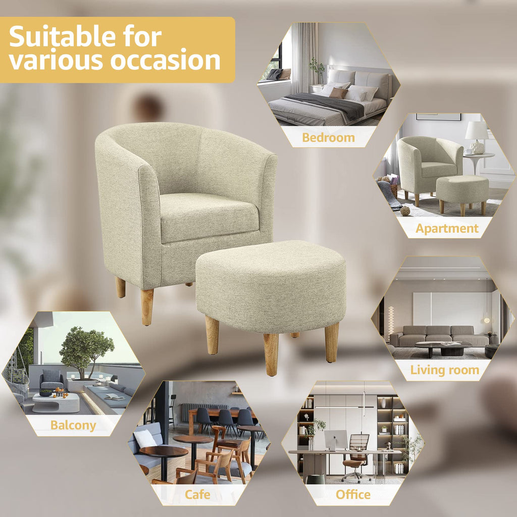 DAZONE Accent Chair with Ottoman, Modern Comfy Armchair Upholstered Barrel Club Chair and Footrest Set, Fabric Tub Arm Chairs for Living Room Bedroom Small Spaces Apartment Office, Set of 2, Gray