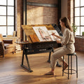 Drafting Table with Stool Height Adjustable Art Craft Desk with Storage, Tilting MDF Tabletop, Expansion Board, Drawing Table for Home Office, Artists, Painters (Rustic Brown)