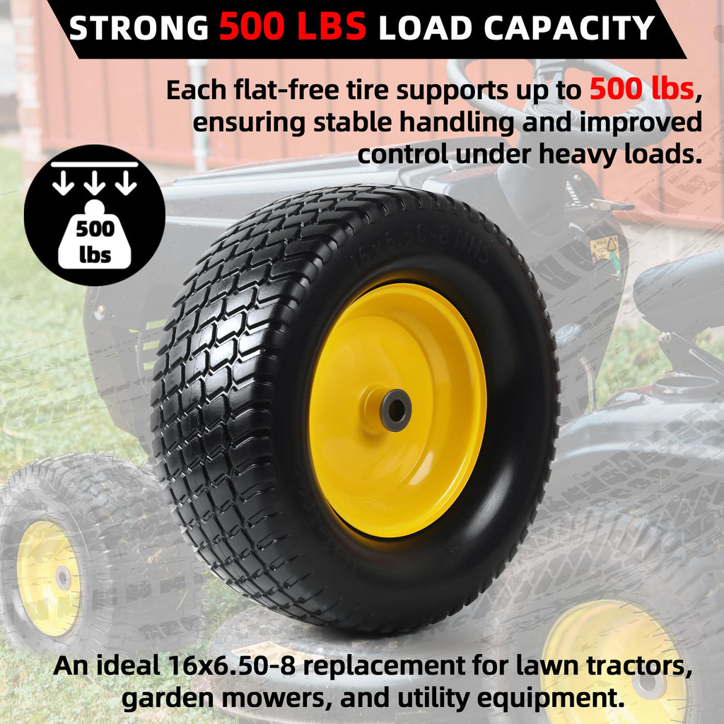 AR-PRO (2-Pack) 16x6.50-8 Flat-Free Tire and Wheel Assemblies, Relacement 16x6.5-8 Solid Turf Tire with Rim for Garden Tractor Riding Lawn Mowers, 3" Offset Hub and 3/4" Bushings