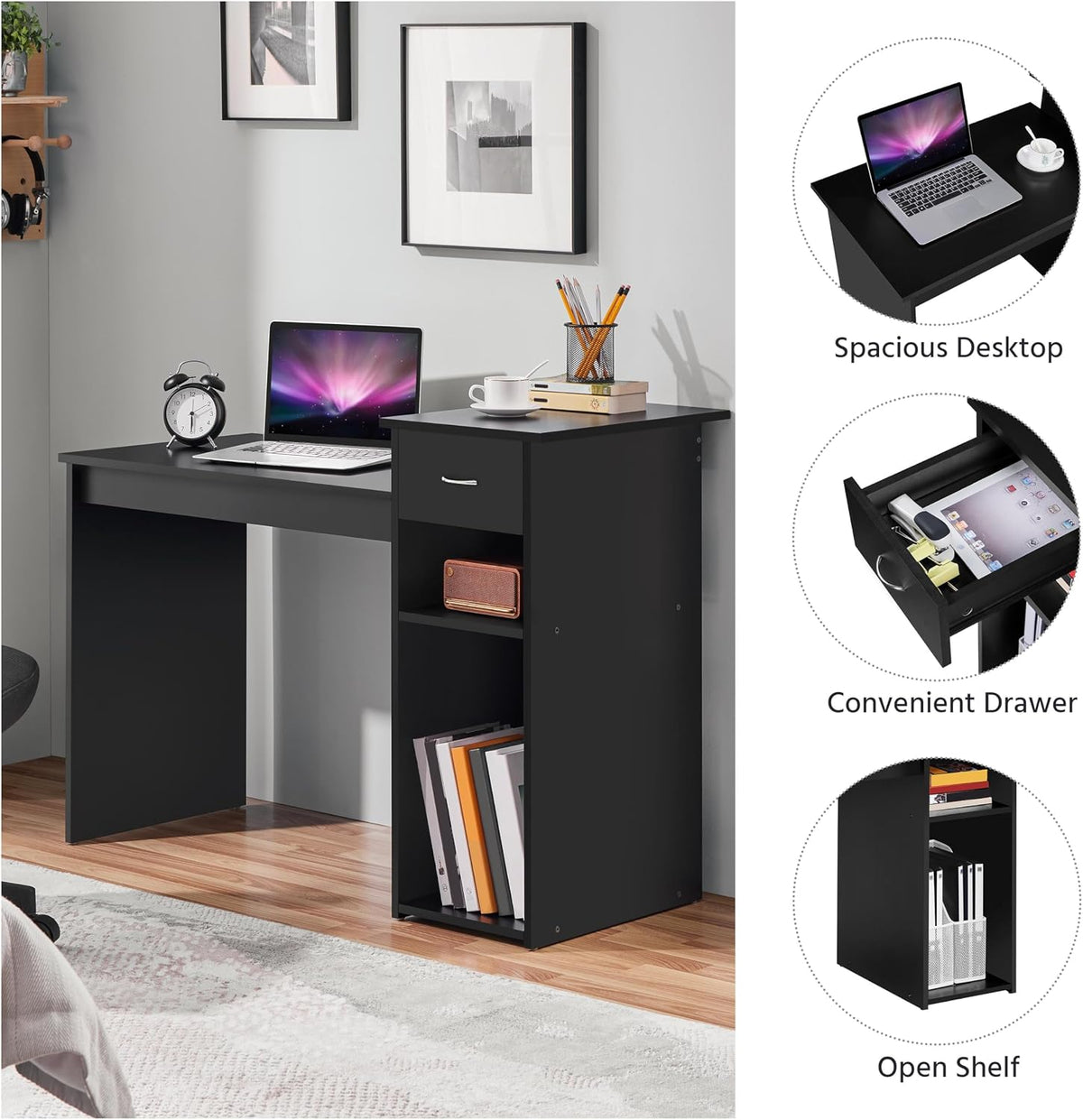 Yaheetech Black Computer Desk and Chair Set with Drawer, Shelves, Mesh Seat