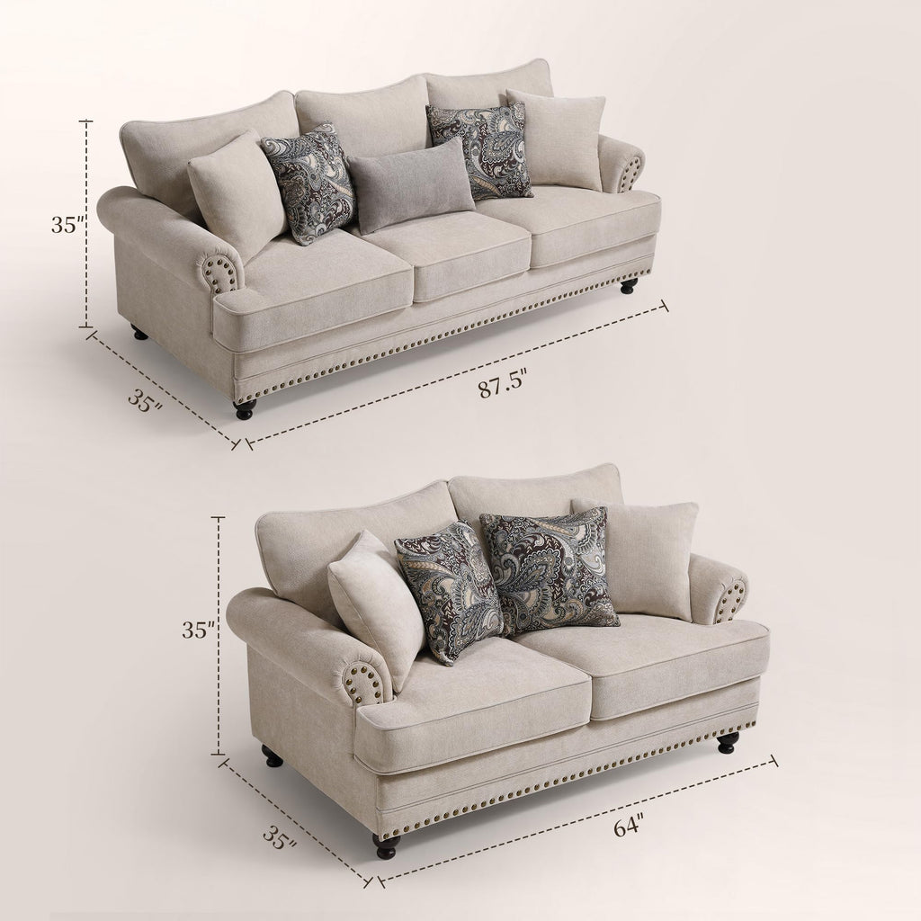 Modern Farmhouse Loveseat Sofa, Chenille Upholstery with Nailhead Trim, Small Couch for Living Room, Bedroom, Office, or Apartment, Includes 4 Accent Pillows