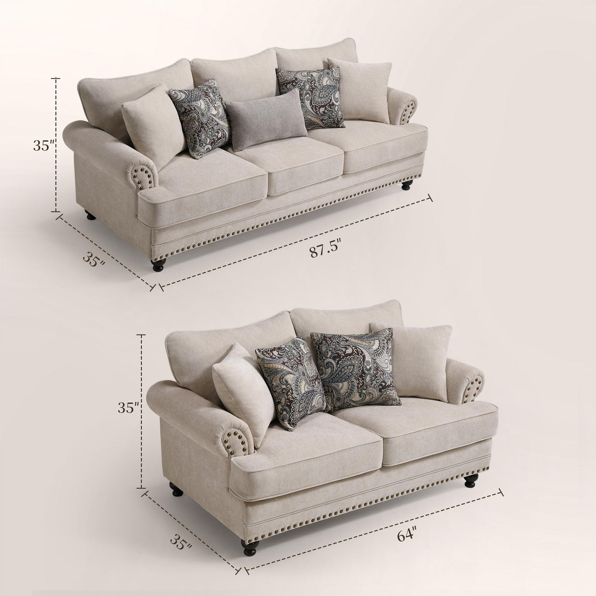 Modern Farmhouse Loveseat Sofa, Chenille Upholstery with Nailhead Trim, Small Couch for Living Room, Bedroom, Office, or Apartment, Includes 4 Accent Pillows