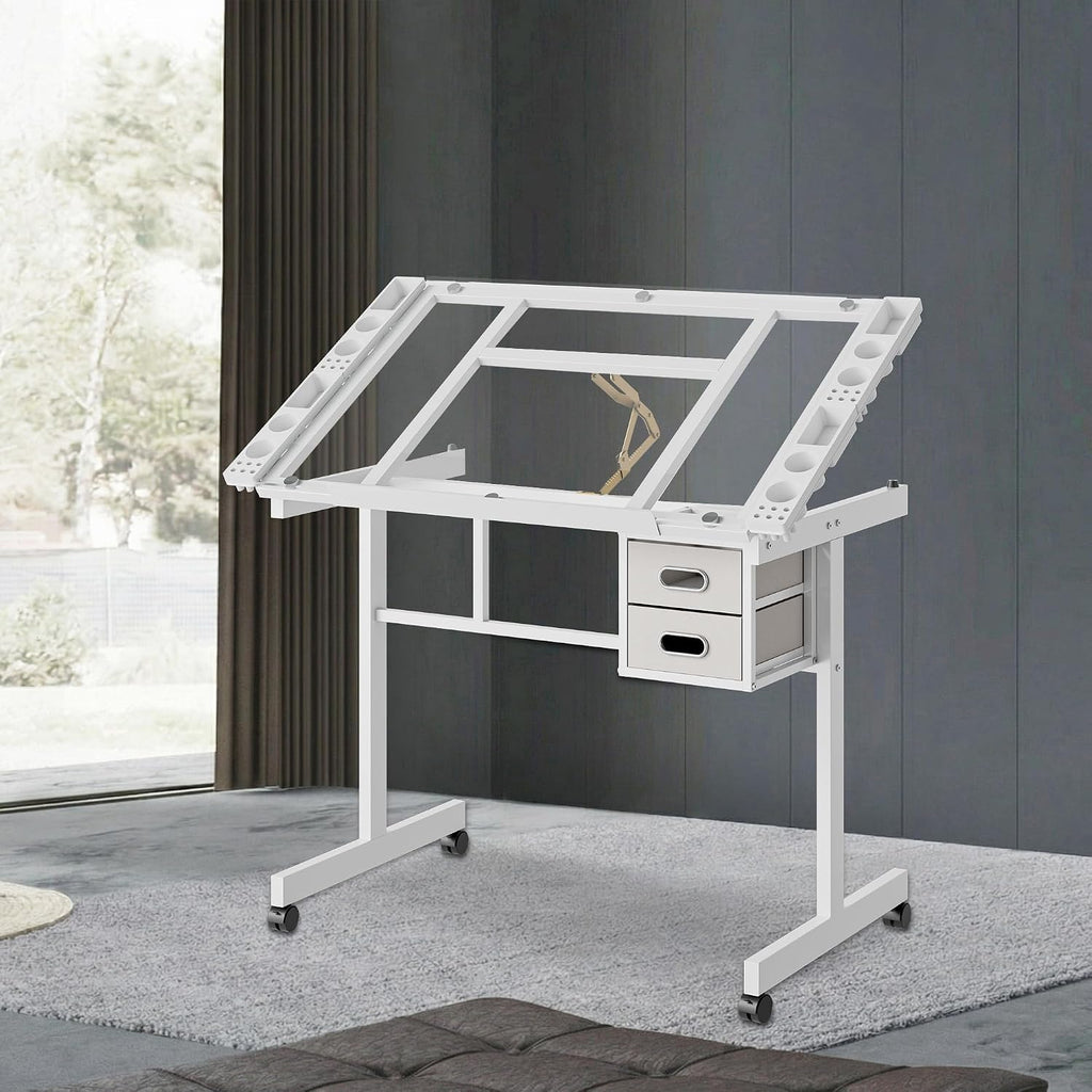 Drafting Table with Storage, Art Desk for Drawing Crafting, Adjustable Glass Top 0-70Â°, 2 Drawers & Wheels, Multifunctional Art Table for Home Office (White)