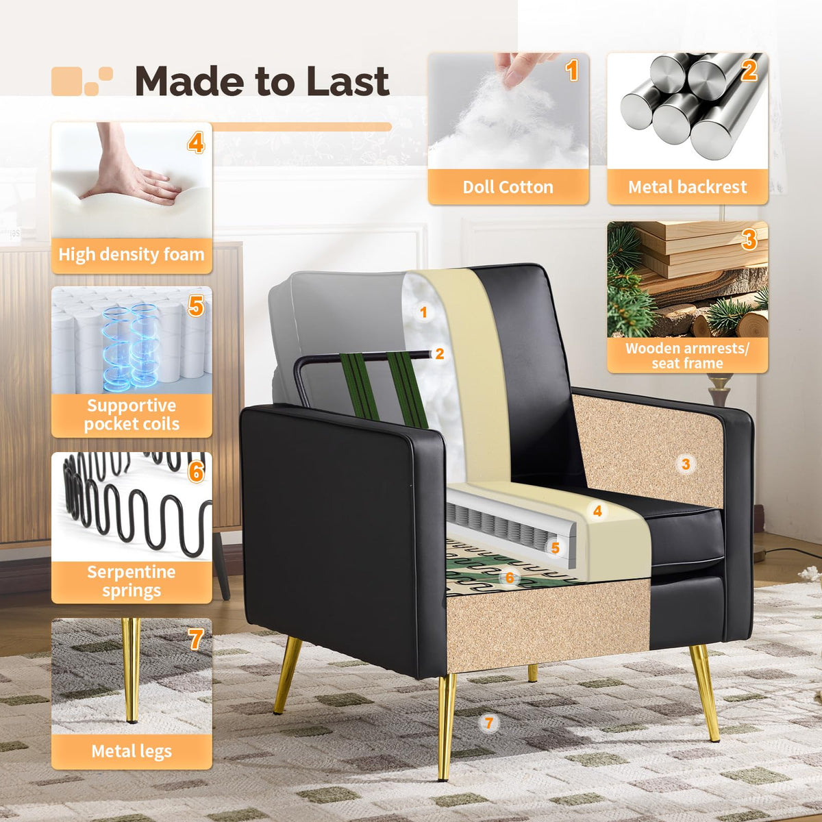 VINGLI Faux Leather Accent Chairs Set of 2 with Gold Legs for Living Room