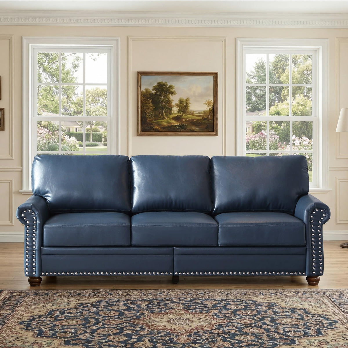 2 Piece Couch Sets for Living Room,Mid Century Modern Couch with Storage Nailhead Trim & Rolled Armrests,Deep Seat Comfy Couch,Furniture Set for Living Room,Bedroom,Office(Navy Blue,Loveseat+3 Seater)