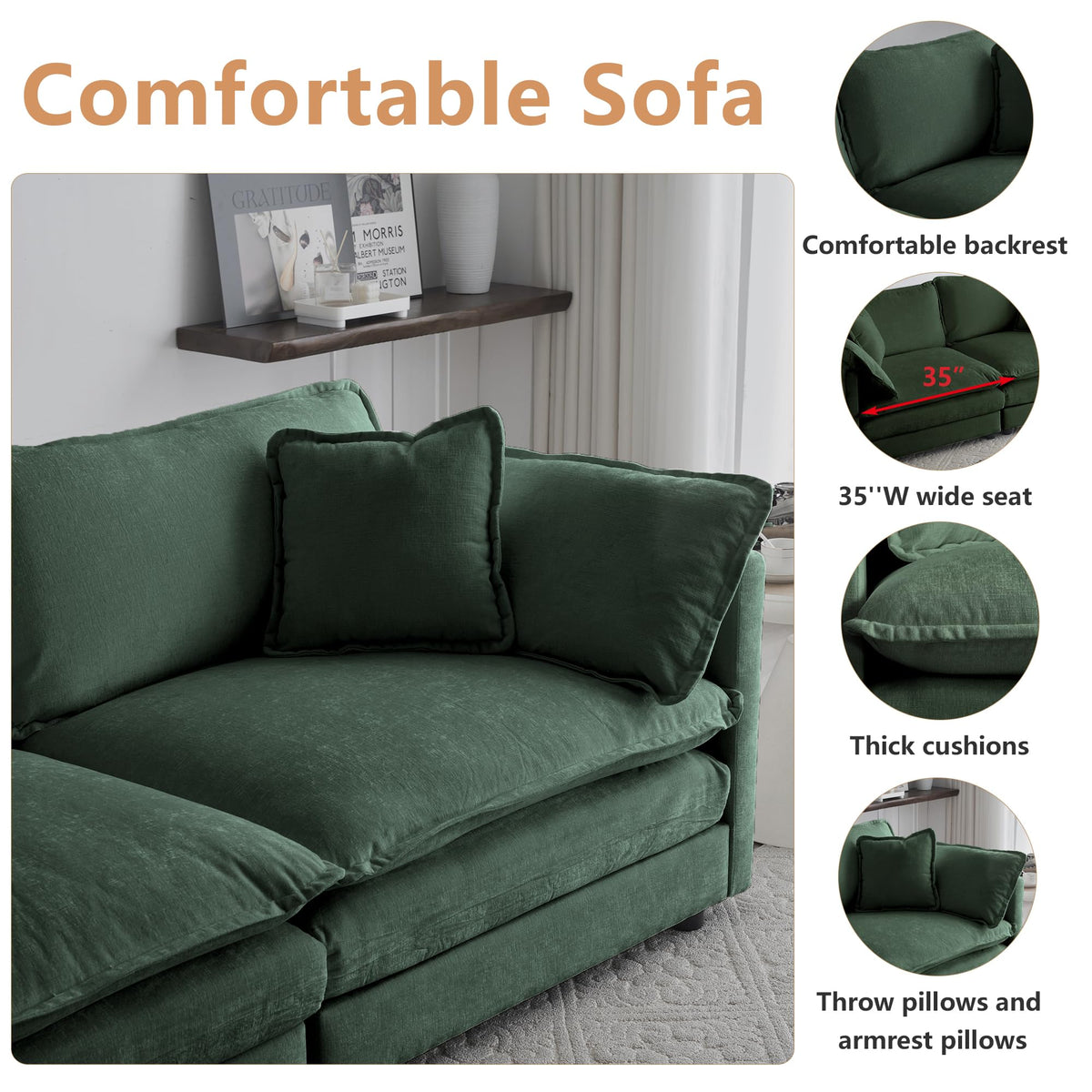 mikibama Luxury 2 Piece Loveseat Couch & Sofa Armchair Set, Modern Upholstered Chenille Cloud Couches Set Furniture with 5 Pillow for Living Room Bedroom Office Apartment, Evergreen