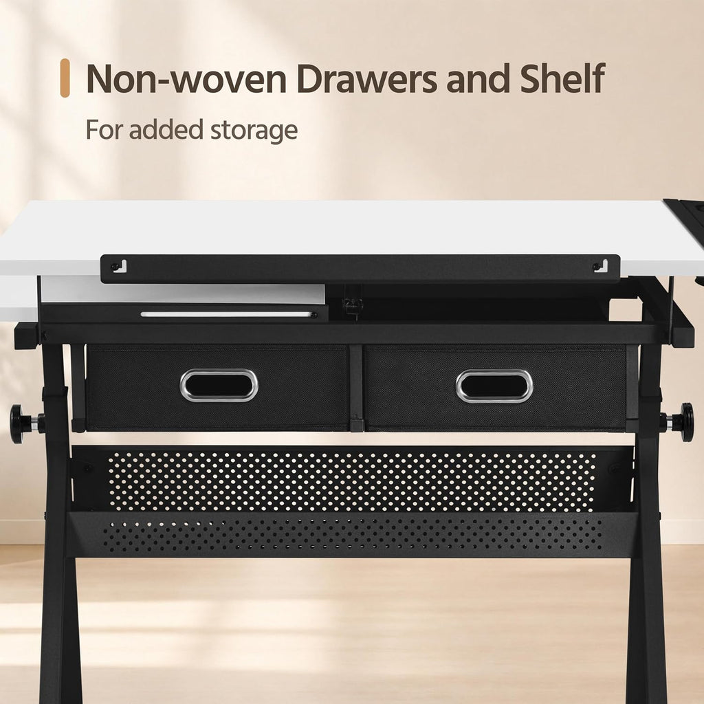 Yaheetech Adjustable Drafting Table Art Desk,Storage Drawers & Stool,White