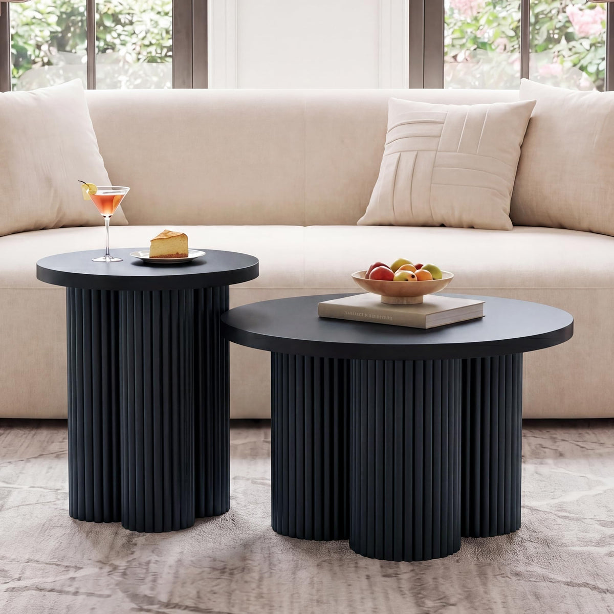 Round Nesting Coffee Table Set of 3 Fluted Coffee Table (Natural)