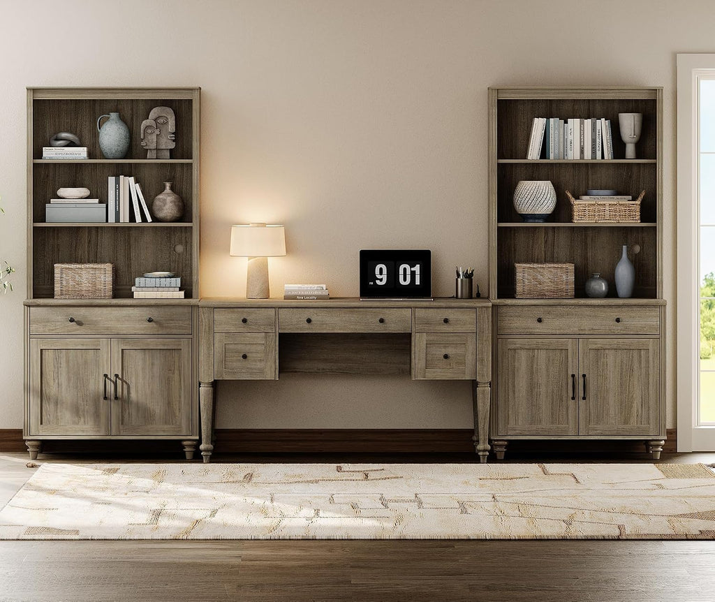 WAMPAT Home Office Furniture Set, 56'' Executive Desk with Charging Station, 72" Tall Bookcase with 4 Doors and 2 Drawers, Wood Computer Desk with File Cabinet Storage, Open Shelf, Wash Grey