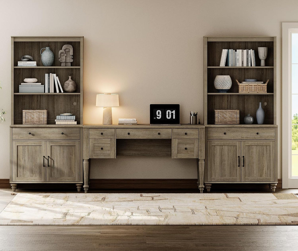 WAMPAT Home Office Furniture Set, 56'' Executive Desk with Charging Station, 72" Tall Bookcase with 4 Doors and 2 Drawers, Wood Computer Desk with File Cabinet Storage, Open Shelf, Wash Grey