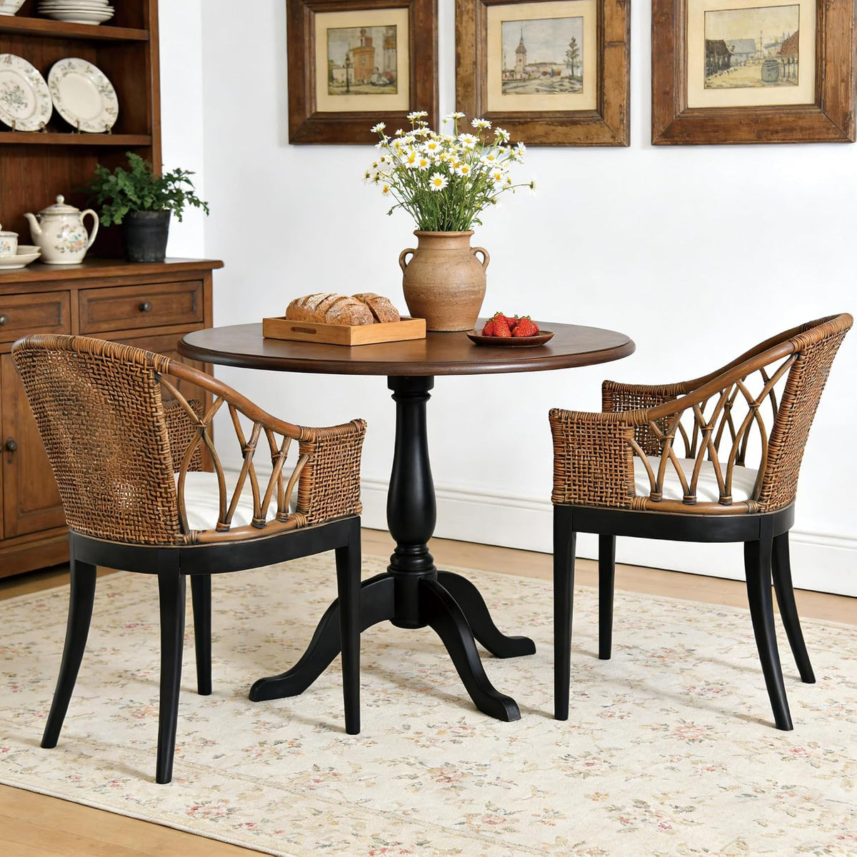 DUHOME 2 Sets Wood Rattan Arm Accent Chairs Natural Wash/White Cushion