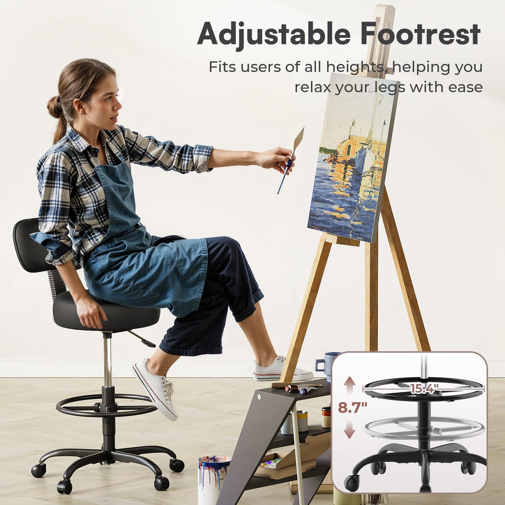 SUPERJARE Drafting Chair with Backrest, Adjustable Foot Rest Rolling Stool