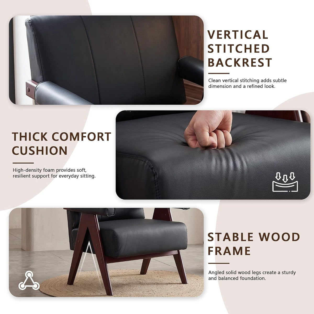JIASTING Mid Century Modern Accent Chair Set of 2, Black Leather Armchair