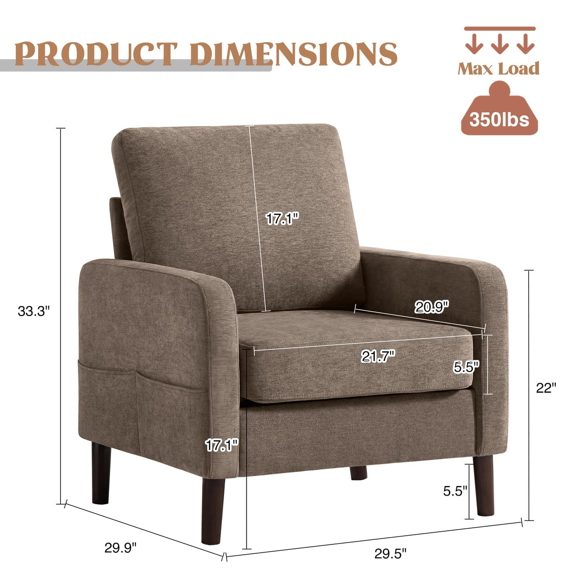 Accent Chair Set of 2, Upholstered Living Room Chairs with Wood Legs and Side Pockets, Modern Reading Chair for Bedroom, Armchair Single Sofa Side Chair for Office, Small Room, Dark Grey