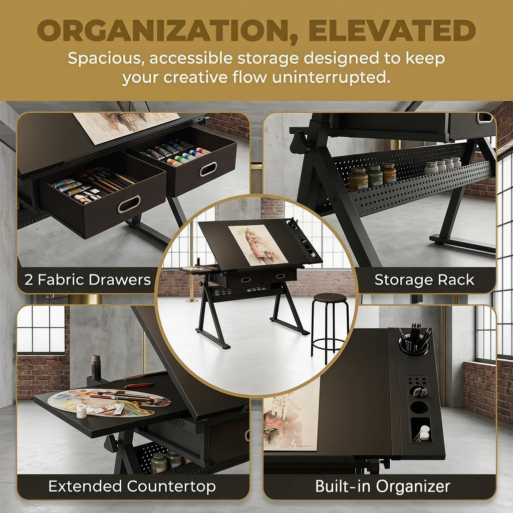 Height Adjustable Drafting Table w/Stool, Painting Table Art Craft Desk Crafting Drawing Desk with Tilting Tabletop, 2 Storage Drawers for Artist Painters (Rustic Brown)