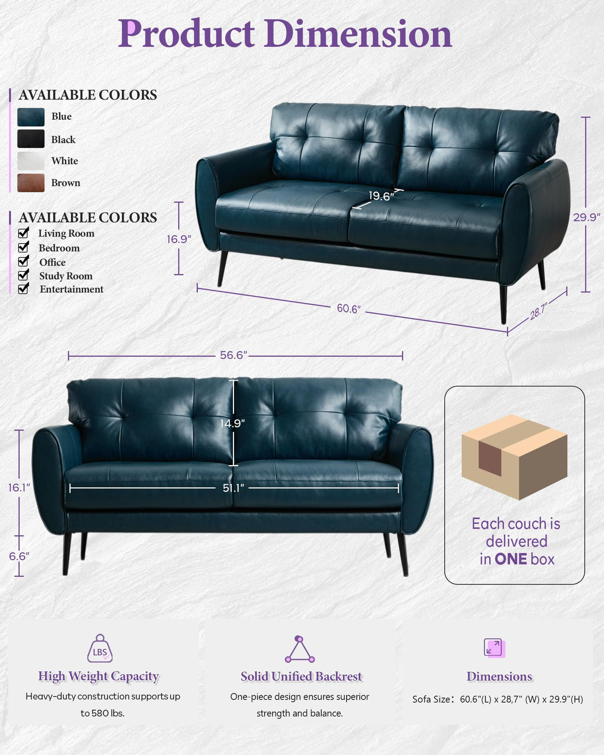61'' Small Leather Loveseat and Chair, 3 Piece Living Room Sets, Black