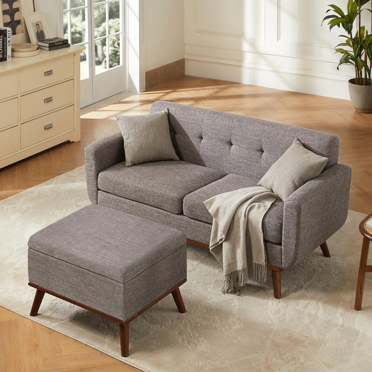 Kingfun 2 Piece Loveseat and Sofa Sets, Mid Century Modern Love Seat Couches for Living Room, Button Tufted Upholstered Furniture, Small Couch for Bedroom, Office, Beige