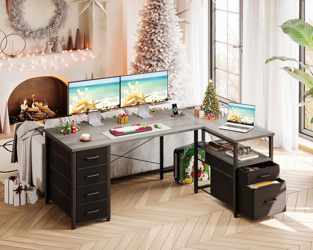 Coleshome 55 Inch L Shaped Office Desk with 6 Drawers, Power Outlet, White