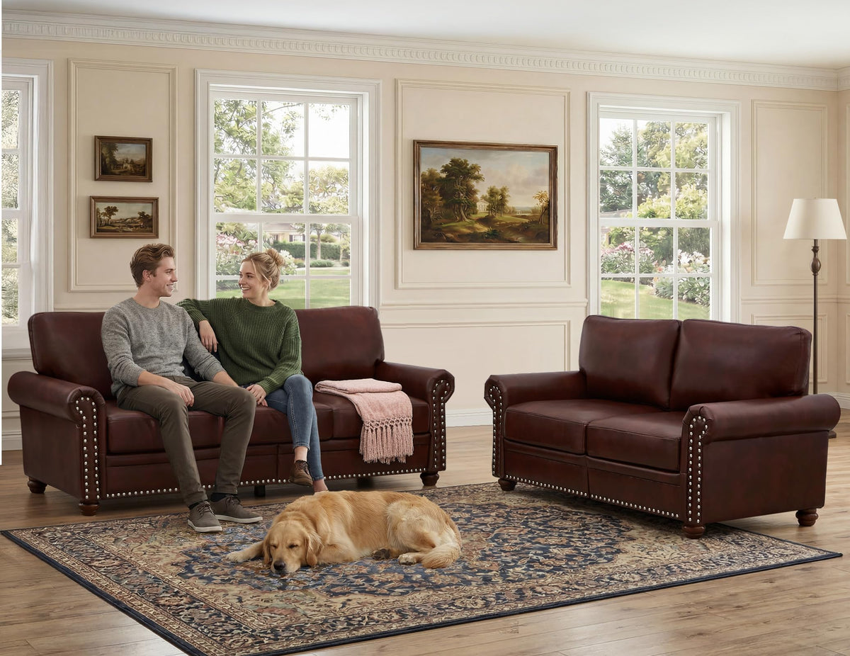 2 Piece Couch Sets for Living Room,Mid Century Modern Couch with Storage Nailhead Trim & Rolled Armrests,Deep Seat Comfy Couch,Furniture Set for Living Room,Bedroom,Office(Navy Blue,Loveseat+3 Seater)