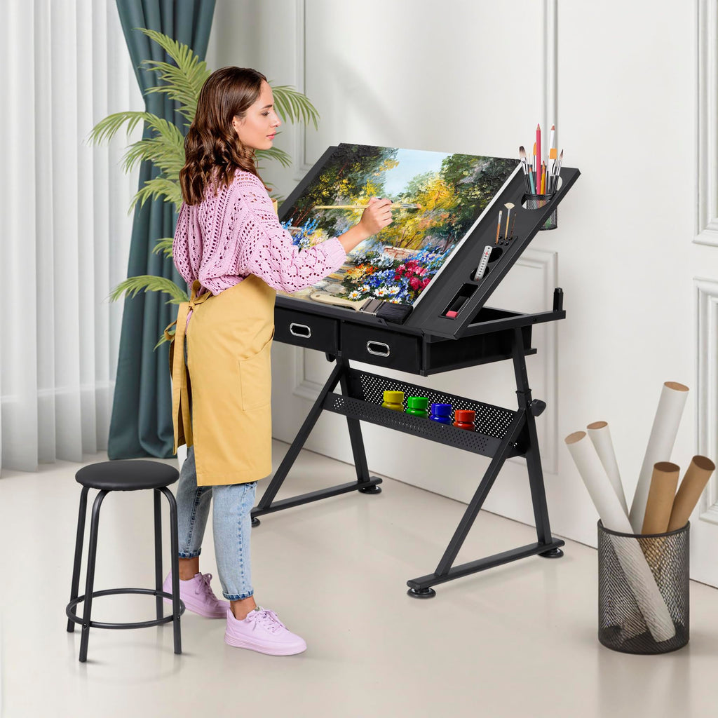 ZENY Adjustable Drafting Table with Stool Tilting Drawing Desk Artist Table