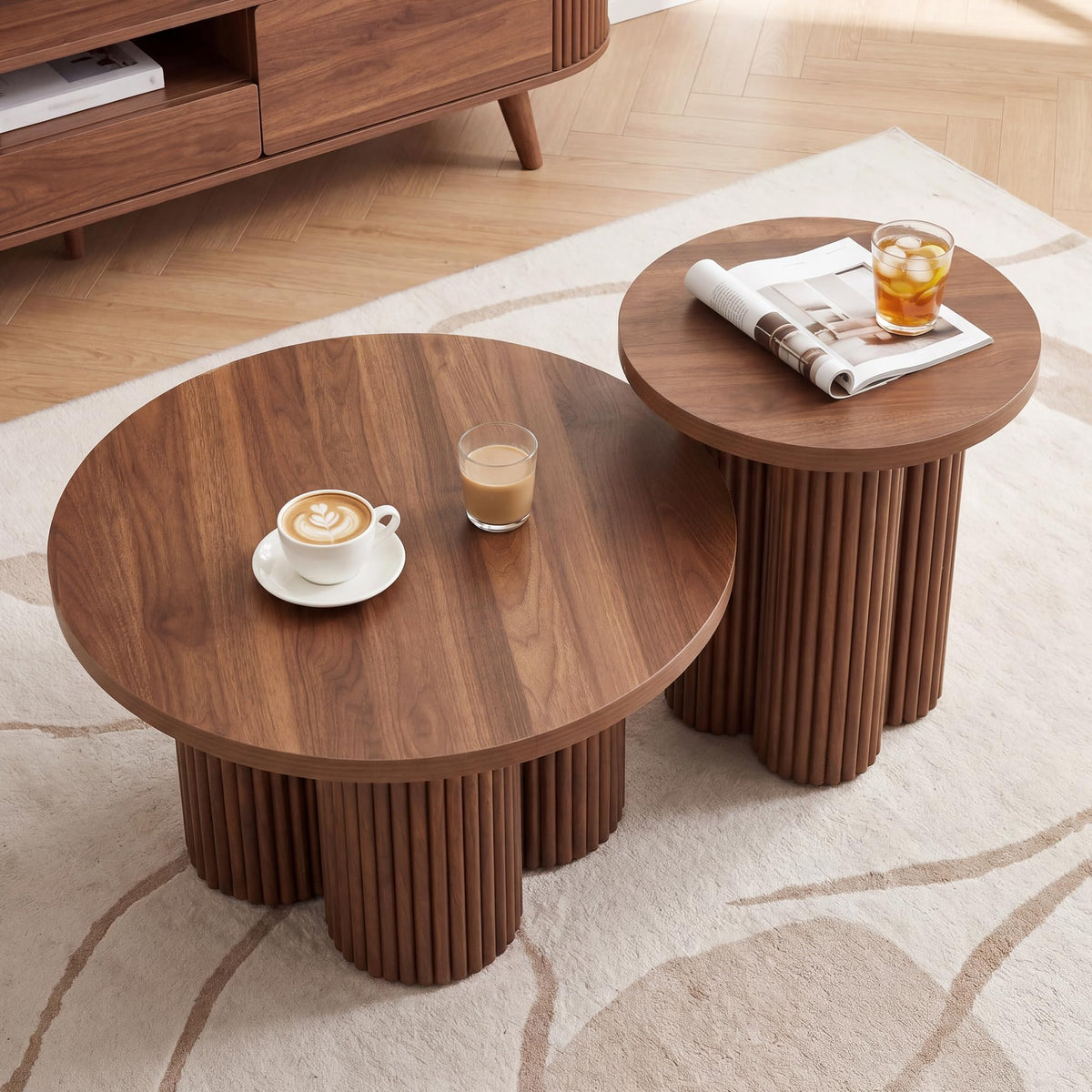 Round Nesting Coffee Table Set of 3 Fluted Coffee Table (Natural)