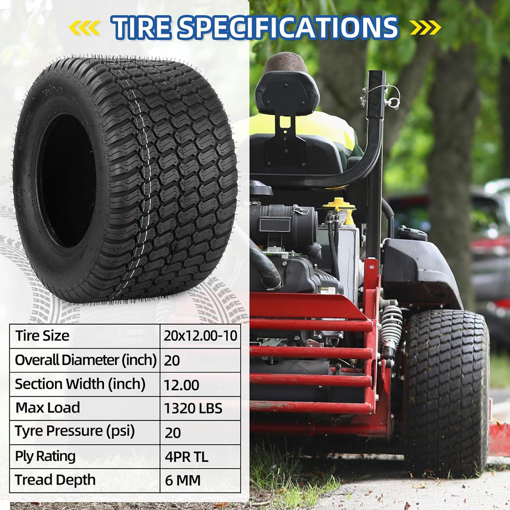 GICOOL 20x12.00-10 Tubeless Lawn Mower Tire for Riding Mower Tractor, 4Ply
