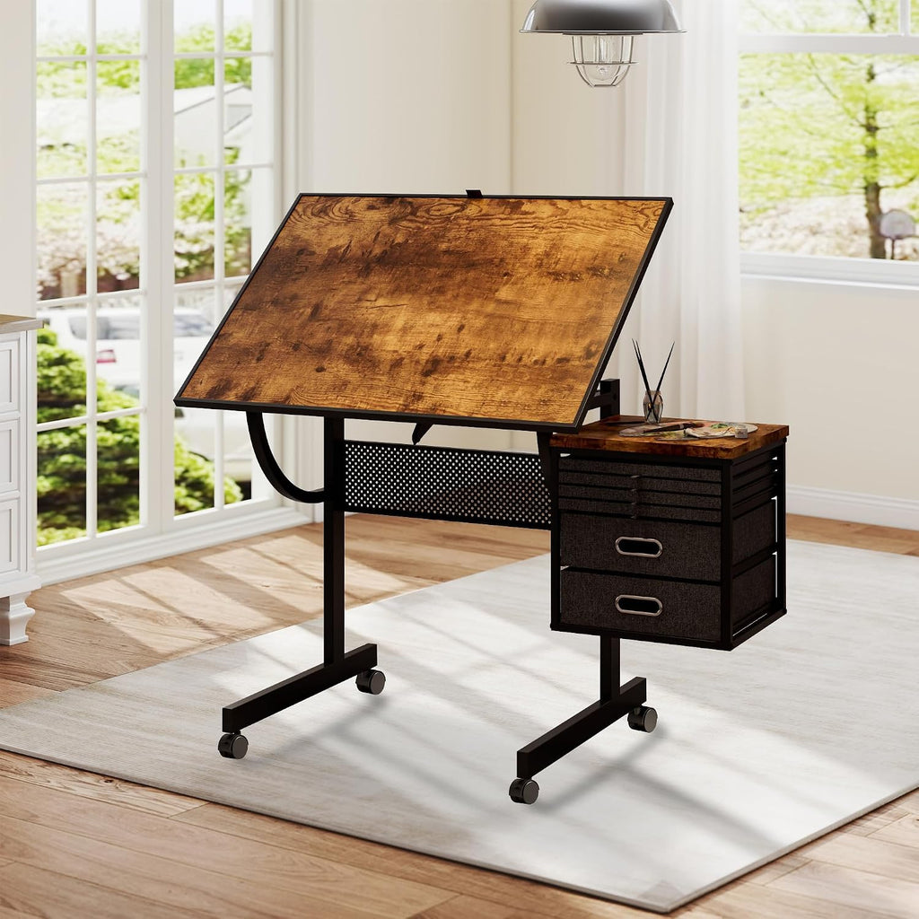 2 in 1 Puzzle Table Double-Sided with Wheels, Adjustable Drafting Desk with Drawers, Felt Storage Trays,, Art Table with 75Â° Tilted Tabletop, Painting Work Station for Home Office, Crafting, Brown