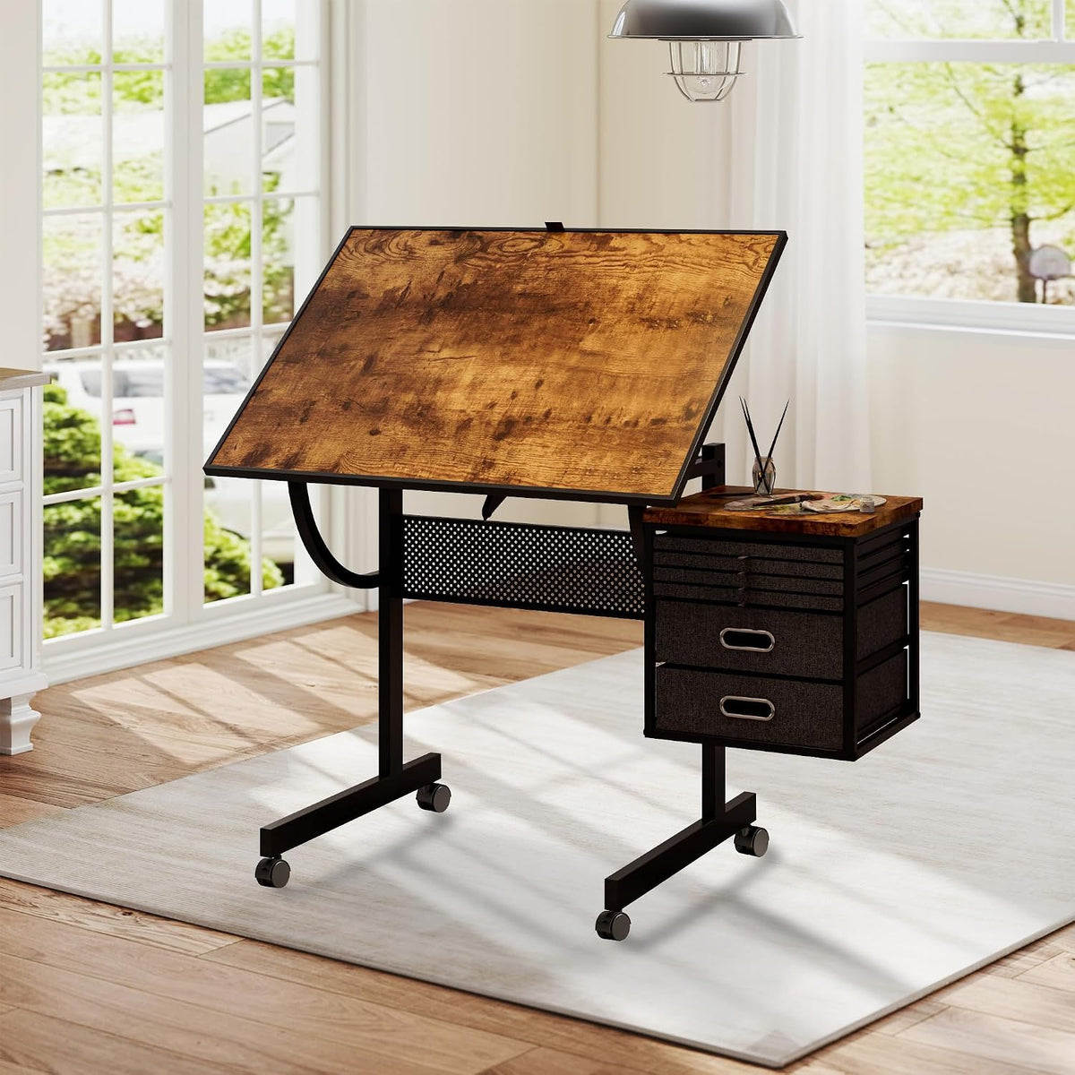 2 in 1 Puzzle Table Double-Sided with Wheels, Adjustable Drafting Desk with Drawers, Felt Storage Trays,, Art Table with 75Â° Tilted Tabletop, Painting Work Station for Home Office, Crafting, Brown