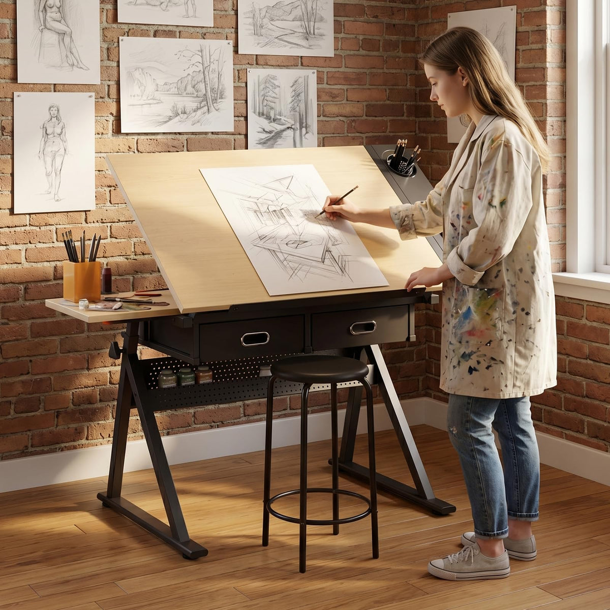 Height Adjustable Drafting Table Drawing Table Artist Desk Tilting Tabletop Art Craft Desk with 2 Storage Drawers and Stool, Art Craft Desk for Artist Painters Drawing Painting (All White)