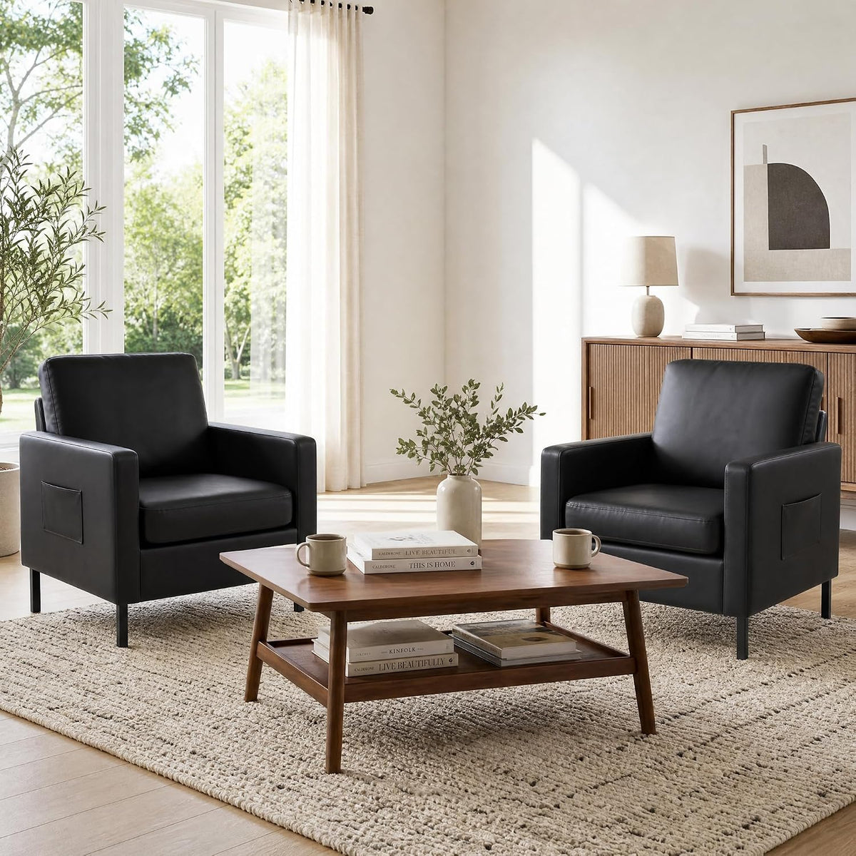 Mid Century Black Leather Mordern Accent Chairs Set of 2 for Living Room