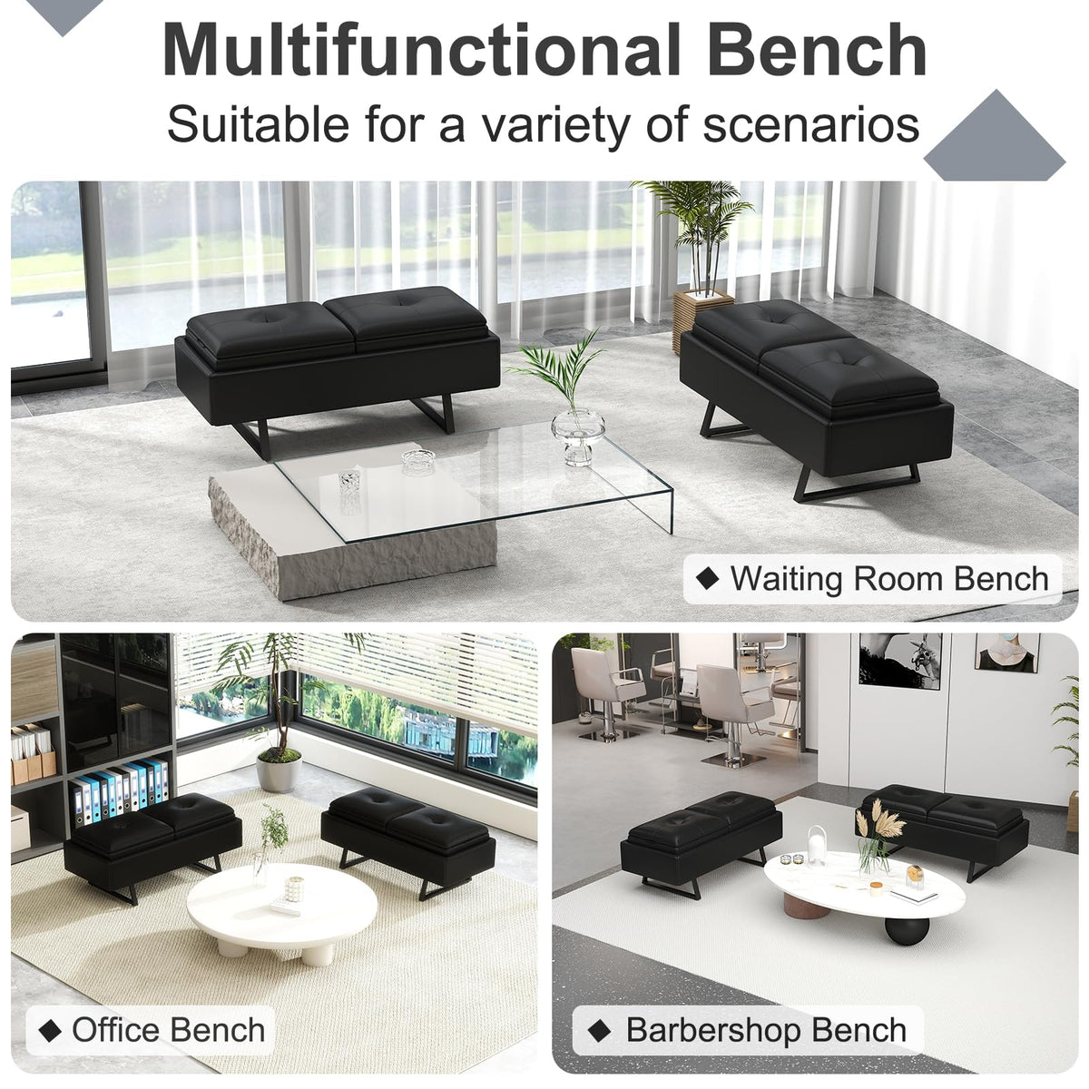 MOTION Leather Bench Waiting Room Chairs - 3 Seat Office Guest Reception Bench with Cushion, Waiting Room Bench Seating, Office Furniture Lobby Chairs for Salon, Shop, Set of 2, Orange
