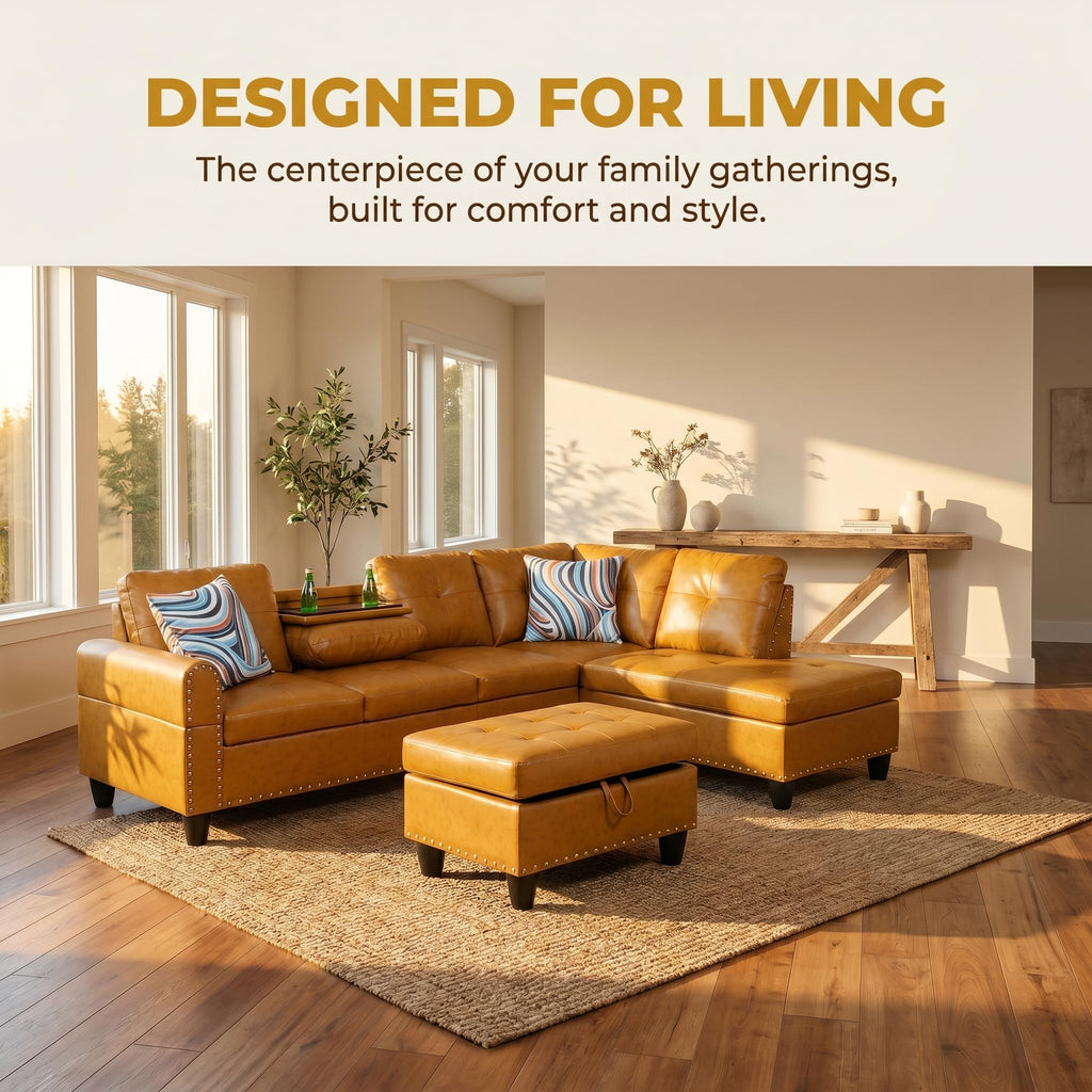 97.5" L-Shaped Modular Sectional Sofa with Movable Chaise & Storage Ottoman, 3 Piece Convertible Leather Couch, 4 Seat Gloss Black Living Room Furniture Set for Apartment Home Office