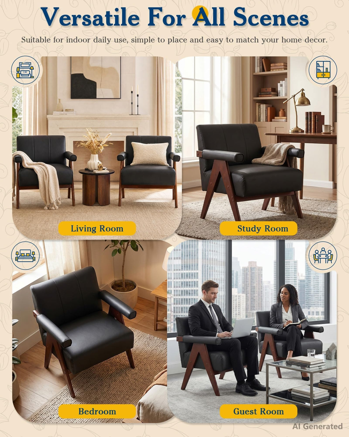 Mid Century Modern Black Faux Leather Accent Chair Set 2 Solid Wood Frame