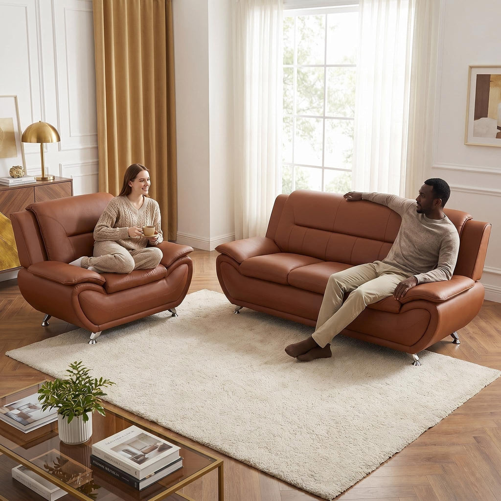 Modern Faux Leather Sofa Set â 3-Piece Living Room Couch with Chrome Legs & Padded Armrests â Includes 1-Seater, 2-Seater & 3-Seater â Contemporary Lounge Furniture for Home & Office (Brown)