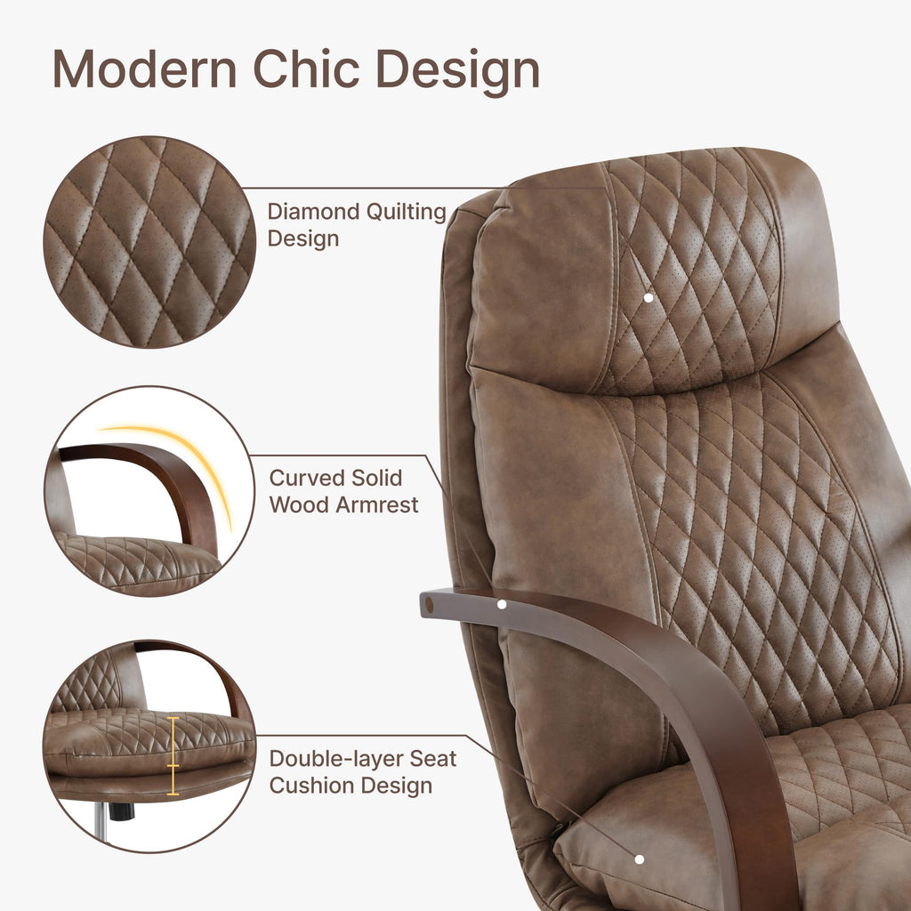 KISLOT Home Office Desk Chair, Ergonomic Office Chair with Lumbar Support, Adjustable Swivel Computer Chair with Wheels, Faux Leather Executive Task Chair with Wood Arms, Set of 2, Brown